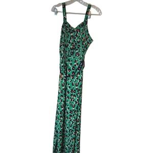 Joy & Co Green Leopard Print Maxi Dress Navy Braided Belt Side Slit NWT